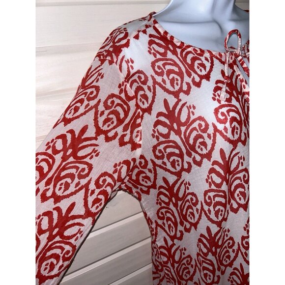 FLORA Rock Flower Paper Sz MEDIUM Red White Ikat Print Top Tunic 100% Cotton EUC - Picture 5 of 13